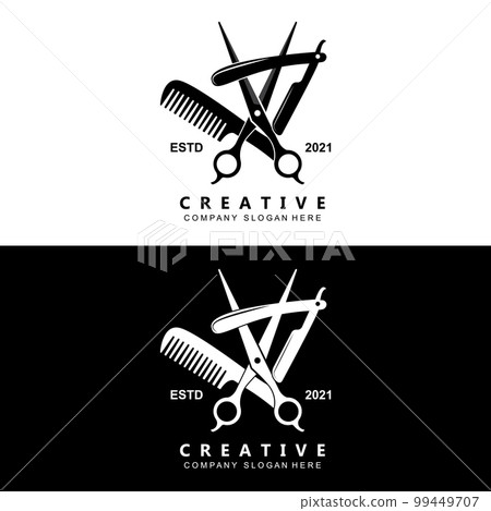 Barbershop Logo Vector Stylish Hair Design For Haircut, With Scissors And Shaver 99449707