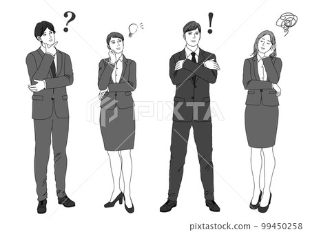 Thinking, worrying, being surprised, being troubled, being impatient, businessmen and businesswomen, four people, full body front monochrome illustration Thinking, worrying, being surprised, being troubled, being impatient, businessmen and businesswomen, four people, full body front monochrome illustration 99450258