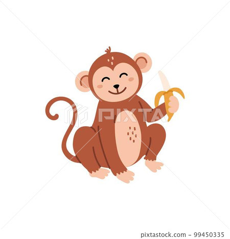 Cute baby monkey sitting and holding banana. Vector illustration in cartoon style. Cute animal. 99450335