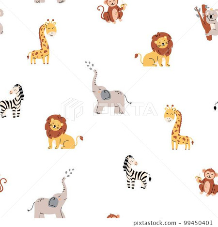 Tropical jungle seamless pattern. Zoo animals. Cute wild animals in a simple Scandinavian style. 99450401