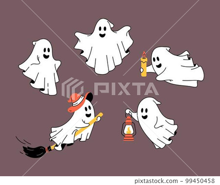 Set of five cute funny ghosts. Baby creepy boo characters for kids. Magic scary spirits with different emotions 99450458