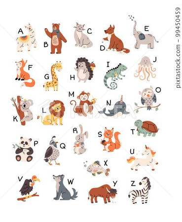 Colorful zoo alphabet with cute animals set. Cartoon letters from A to Z for children isolated vector illustration collection. 99450459