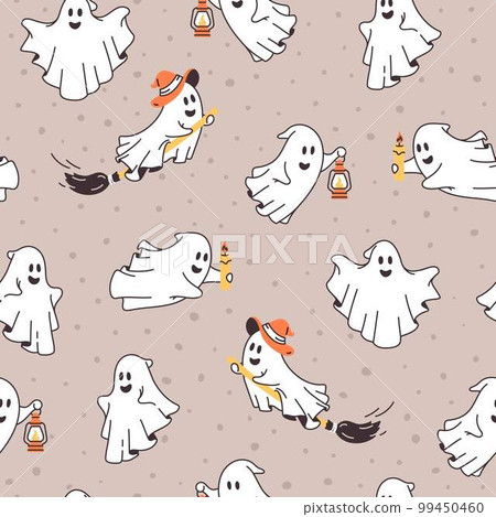 Cute ghosts in cloth. Halloween scary ghostly monsters. Cartoon spooky characters. Seamless pattern 99450460