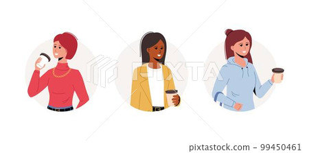 Set of women with coffee. Circle frame with young different women drinks coffee. Set of women with coffee. Circle frame with young different women drinks coffee. 99450461
