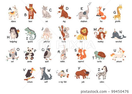 Colorful zoo alphabet with cute animals set. Cartoon letters from A to Z for children isolated vector illustration collection. 99450476