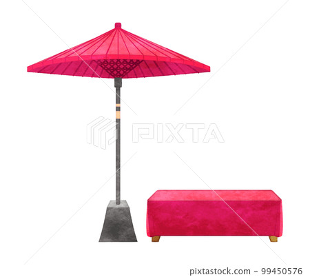 Red field umbrella and bench hand-drawn watercolor style illustration Red field umbrella and bench hand-drawn watercolor style illustration 99450576
