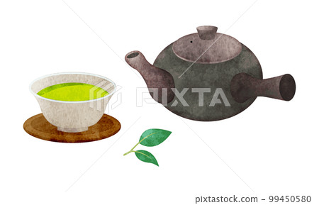 茶壺和綠茶手繪水彩風格插畫 99450580