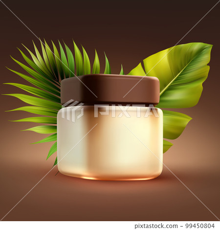 Skin care cream in package on brown background with tropical leaves, 3d vector illustration, cosmetic concept. Skin care cream in package on brown background with tropical leaves, 3d vector illustration, cosmetic concept. 99450804