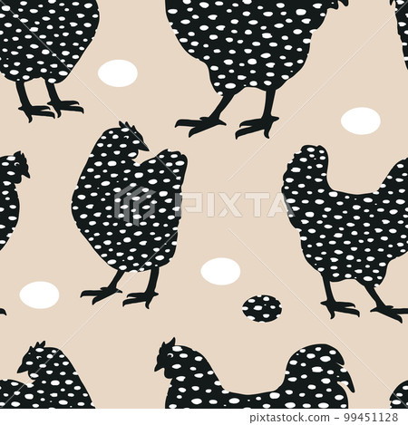 Easter seamless pattern with speckled chicken silhouettes, and eggs. Vector illustration, farming background Easter seamless pattern with speckled chicken silhouettes, and eggs. Vector illustration, farming background 99451128