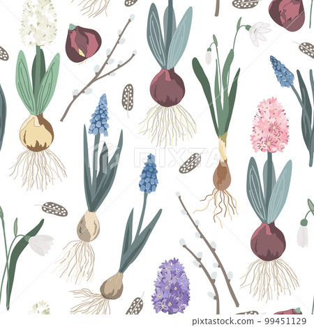 Blooming first spring flowers lie without a pot on white background, vector seamless pattern. Hyacinths, snowdrops and muscari plants waiting for transplant. Blooming first spring flowers lie without a pot on white background, vector seamless pattern. Hyacinths, snowdrops and muscari plants waiting for transplant. 99451129