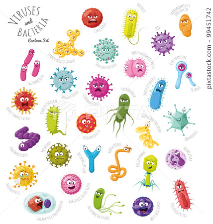 Vector illustration set of 30 viruses and bacteria characters in cartoon style isolated on white background Vector illustration set of 30 viruses and bacteria characters in cartoon style isolated on white background 99451742