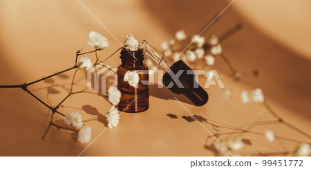 Small bottle of serum on neutral beige background. Beauty pipette dropper with Gypsophila or baby's breath white flowers. Glass dropper of cosmetic oil and dried flowers and herbs. Natural organic Small bottle of serum on neutral beige background. Beauty pipette dropper with Gypsophila or baby's breath white flowers. Glass dropper of cosmetic oil and dried flowers and herbs. Natural organic 99451772