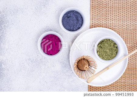 Green, blue and pink matcha powder Green, blue and pink matcha powder 99451993