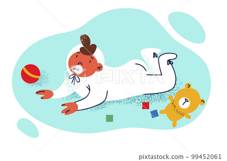 Newborn baby with pacifier in mouth crawls on floor among children toys and dangles legs Newborn baby with pacifier in mouth crawls on floor among children toys and dangles legs 99452061
