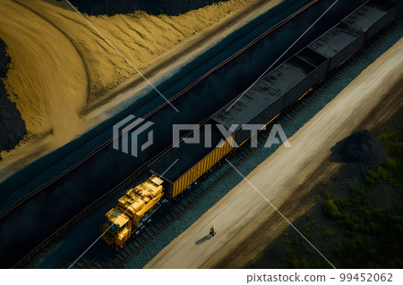 Open pit mine, extractive industry for coal. Big yellow mining truck machinery for coal quarry. Neural network AI generated art 99452062