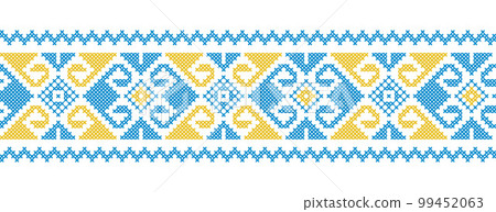 Ukrainian ornament in yellow and blue colors. Ukrainian geometric vector ornament, border, pattern. Pixel art, traditional embroidery vyshyvanka, cross stitch Ukrainian ornament in yellow and blue colors. Ukrainian geometric vector ornament, border, pattern. Pixel art, traditional embroidery vyshyvanka, cross stitch 99452063