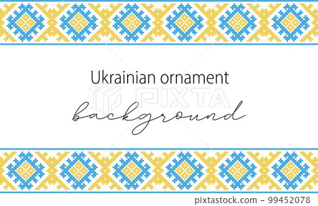 Ukrainian vector background, banner, poster.Traditional folk, ethnic ornament. Border in yellow and blue Ukrainian flag colors. Pixel art, vyshyvanka, cross stitch 99452078