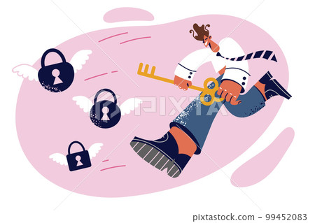 Motivated man with key runs after flying padlocks symbolizing business tasks that needs to be solved 99452083