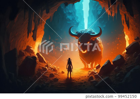 Theseus found the creature minotaur in cave labyrinth greek mythology tale. Neural network AI generated art 99452150