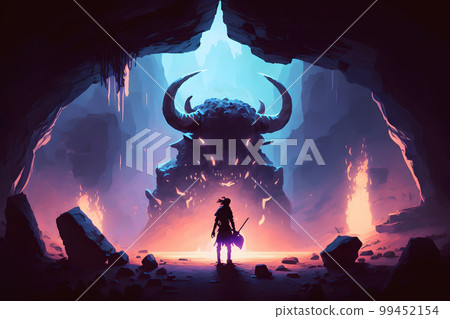 Theseus found the creature minotaur in cave labyrinth greek mythology tale. Neural network AI generated art 99452154