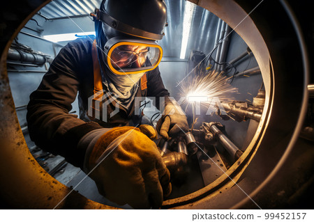 Welder works with Industrial automotive part in metal factory. Neural network AI generated art Welder works with Industrial automotive part in metal factory. Neural network AI generated art 99452157
