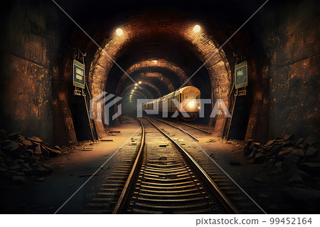 Underground subway tunnels in dirty obsolete condition. Neural network AI generated art Underground subway tunnels in dirty obsolete condition. Neural network AI generated art 99452164