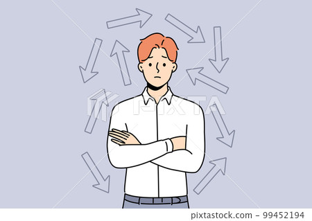 Confused man frustrated making decision  99452194