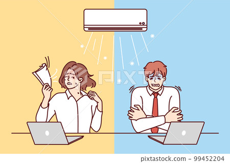 Man and woman sitting at office table under air conditioner experience discomfort Man and woman sitting at office table under air conditioner experience discomfort 99452204