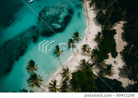 Maldives island beach. Tropical landscape of summer scenery, white sand with palm trees. Neural network AI generated art 99452206
