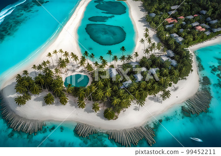 Maldives island beach. Tropical landscape of summer scenery, white sand with palm trees. Neural network AI generated art Maldives island beach. Tropical landscape of summer scenery, white sand with palm trees. Neural network AI generated art 99452211