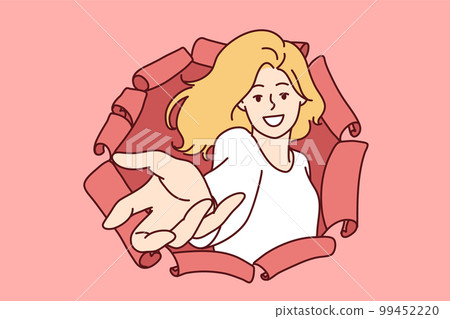 Happy woman stretching open palm through hole in torn paper to make Follow me gesture 99452220