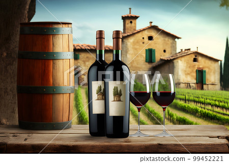 Red wine tasting in the wine cellar, wineglass and bottles next to the window. Neural network AI generated art 99452221