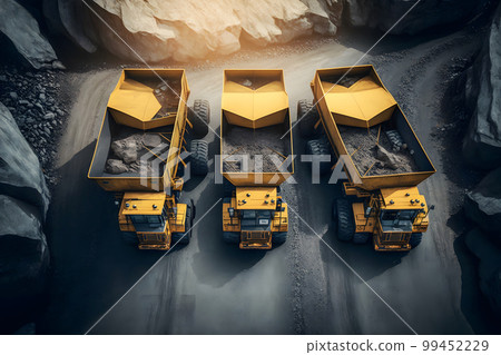 Open pit mine, extractive industry for coal. Big yellow mining truck machinery for coal quarry. Neural network AI generated art 99452229