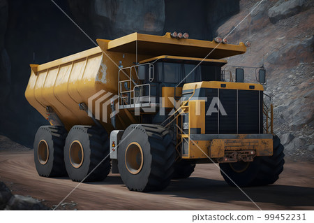 Open pit mine, extractive industry for coal. Big yellow mining truck machinery for coal quarry. Neural network AI generated art 99452231
