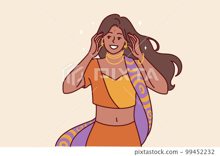 Woman in national Indian sari costume and golden jewelry for traditional dance or wedding ceremony 99452232