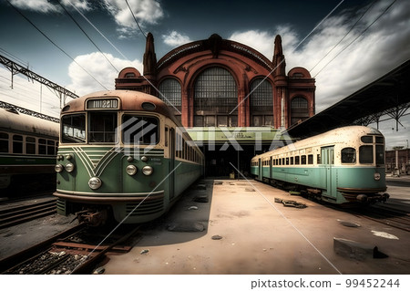 NYC old outdated subway cars in a metro depot in daytime. Neural network AI generated art 99452244