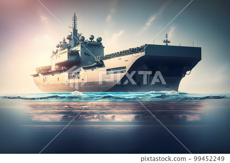 Navy aircraft carrier in wavy sea water. Neural network AI generated art 99452249