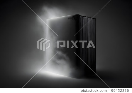 Hardcover vertical black mockup book standing on the black background with smoke. Neural network AI generated art 99452256
