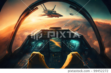 Airplane cockpit view during intergalaxy journey flight or spaceship battle. Neural network AI generated art 99452272