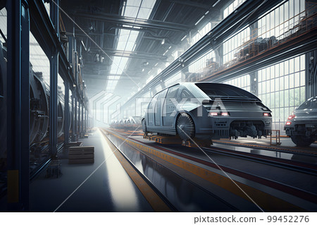 Automation aumobile factory concept. Robot assembly line in car manufacturing. Neural network AI generated art Automation aumobile factory concept. Robot assembly line in car manufacturing. Neural network AI generated art 99452276