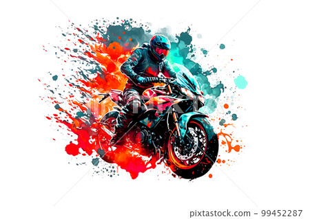 Sticker of Biker on sport motorcycle in watercolor style on white background. Neural network AI generated art 99452287
