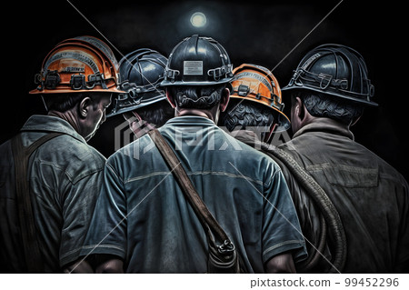Back view of silhouettes of male workers in dark coal mine. Neural network AI generated art 99452296