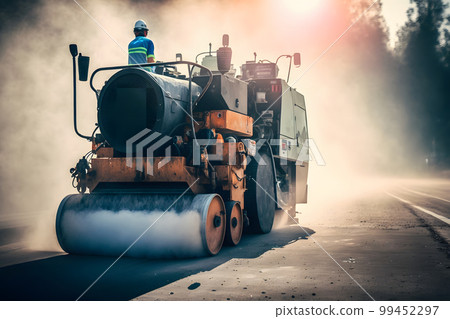 Worker operating asphalt paver machine finisher during road construction and repairing works. Neural network AI generated art 99452297