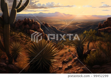 Red rock canyon desert in Nevada panoramic landscape at evening. Neural network AI generated art Red rock canyon desert in Nevada panoramic landscape at evening. Neural network AI generated art 99452299