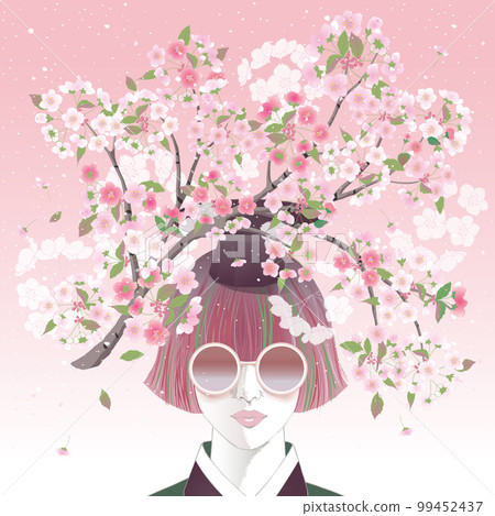 Vector illustration of a girl with short hair decorated with cherry blossom flowers. Design for Frame, poster, greeting card, and invitation design	 99452437