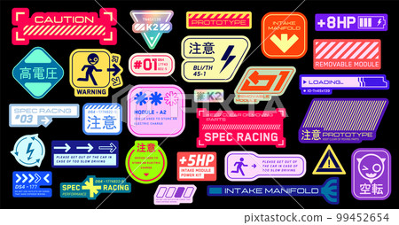 Cyberpunk motorsport decals set. Set of vector stickers and labels in futuristic style. Inscriptions and symbols, Japanese hieroglyphs for, attention, high voltage, warning, spec racing. 99452654