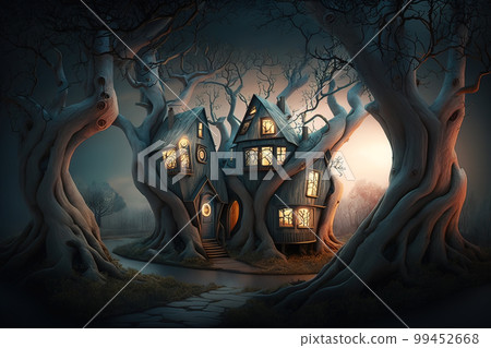 Fantasy house in forest, fairytale surreal hut in trunks of trees, illustration, generative AI 99452668