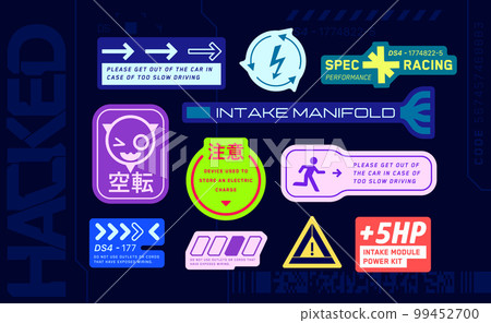 Cyberpunk decals set. Set of vector stickers and labels in futuristic style. Inscriptions and symbols, Japanese hieroglyphs for danger, attention, AI controlled, high voltage, warning, spec racing. 99452700