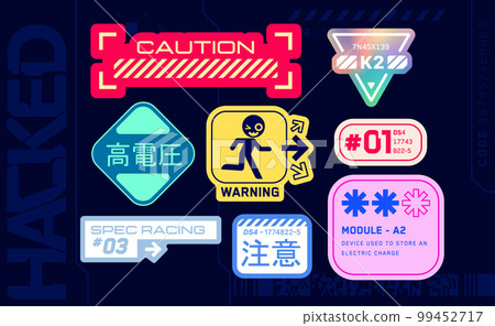 Cyberpunk decals set. Set of vector stickers and labels in futuristic style. Inscriptions and symbols, Japanese hieroglyphs for danger, attention, AI controlled, high voltage, warning, spec racing. 99452717