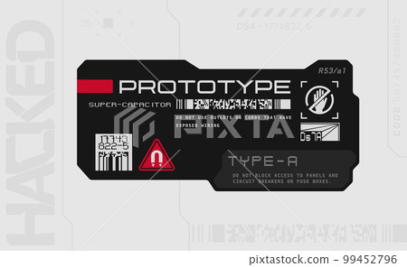 Cyberpunk decal. Vector sticker, label in futuristic style. Sci fi signs, inscriptions and symbols. 99452796